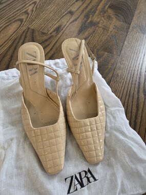 Zara Quilted Square-Toe Slingback Mules in Nude Cream